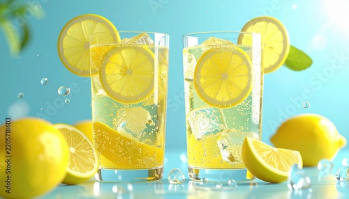 Sparkling lemonade 3D Illustration on a refreshing summer background