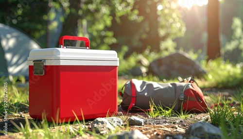 Red and white insulated cooler box beside camping equipment on a sunny outdoor adventure, 3D Illustration.