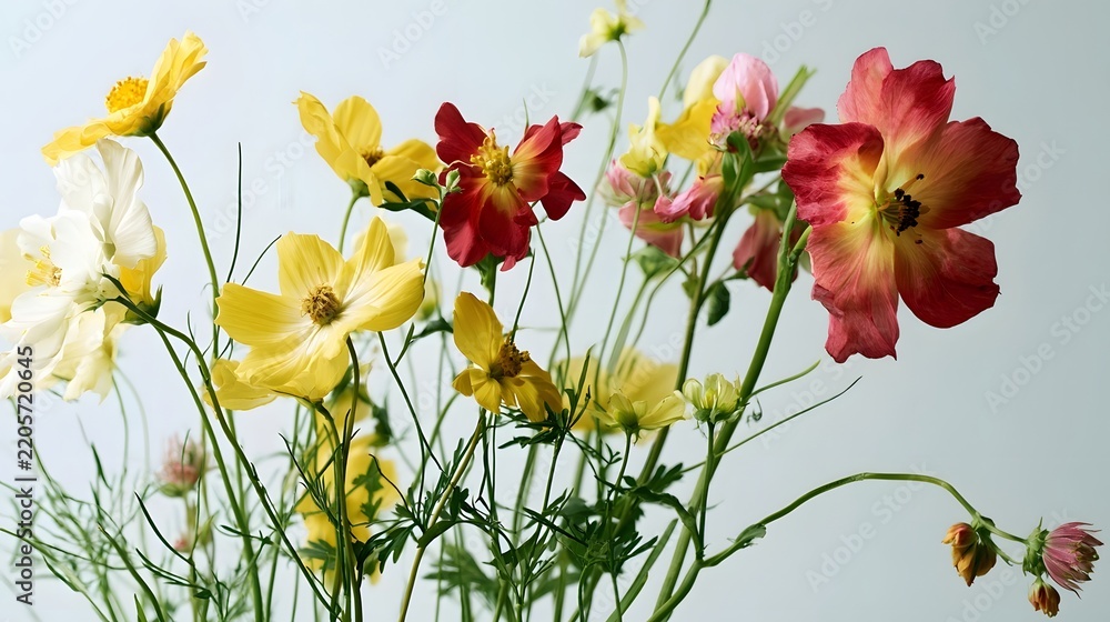 Fototapeta premium A vibrant bouquet of cosmos flowers in yellow red and white tones with delicate petals and slender stems against a soft background