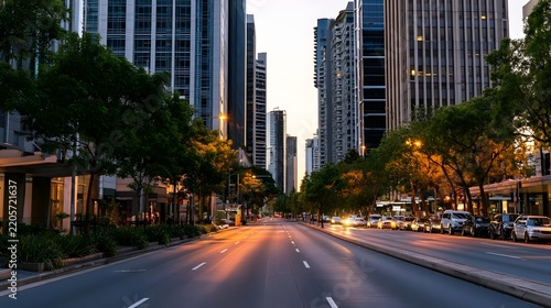 A wide urban street lined with tall modern buildings and trees  illuminated by warm evening lights and parked cars