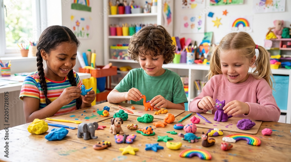 Obraz premium Kids engaged in creative play with colorful modeling clay and fun figures at table, crafting vibrant shapes and animals. A joyful activity for children, promoting imagination and creativity.