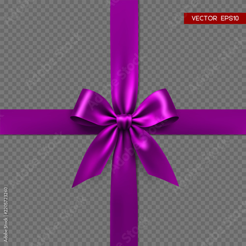 Realistic purple satin bow and ribbon cross isolated on transparent background. Vector decoration element for gift wrapping, holiday greeting cards, birthday and Christmas design.