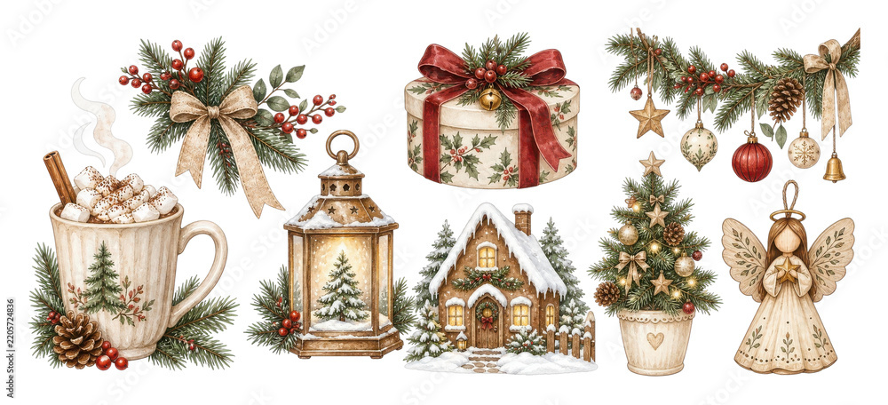 Obraz premium PNG Hand-painted Christmas holiday ornaments, gifts, lantern and decor