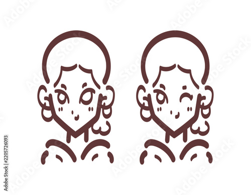 illustration of a beautiful girl's face with her hair tied back and wearing earrings. profile, head, avatar. woman's facial expression smiling and winking. minimalist line art style