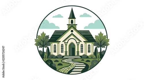 Vintage style illustration of a charming small chapel in a circular frame.