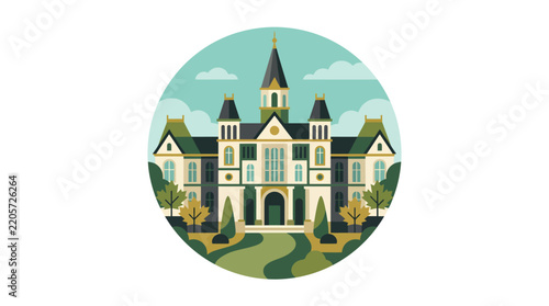 Vintage style Victorian mansion illustration with elegant architectural details.