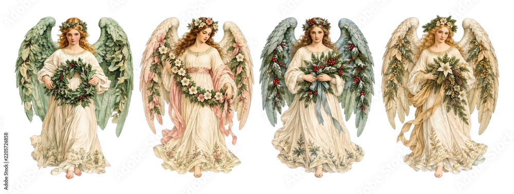 Obraz premium PNG Vintage Christmas angel illustrations with floral wreaths and wings