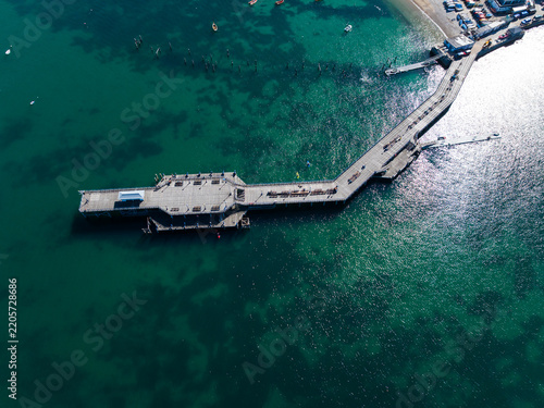 High angle aerial shot looking down on Swanage Pier, Dorset, UK