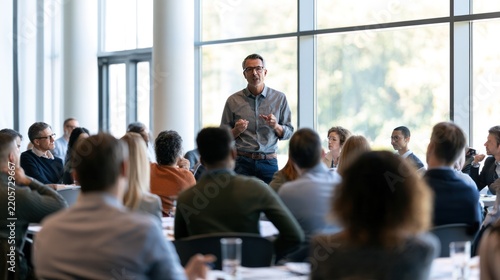 A Leader's Address: A confident speaker engages a receptive audience in a modern conference hall, sharing insights and fostering discussion.