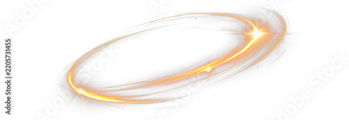 Golden glow light ring with luminous curved trails and sparkles PNG overlay, on transparent background