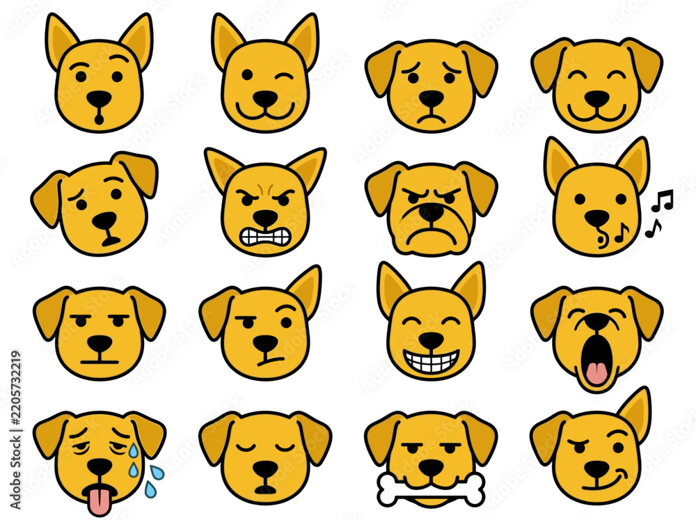 Obraz premium Collection of Dog Emoji Icons with Various Facial Expressions and Emotions, Vector Canine Emoticons Isolated on White Background
