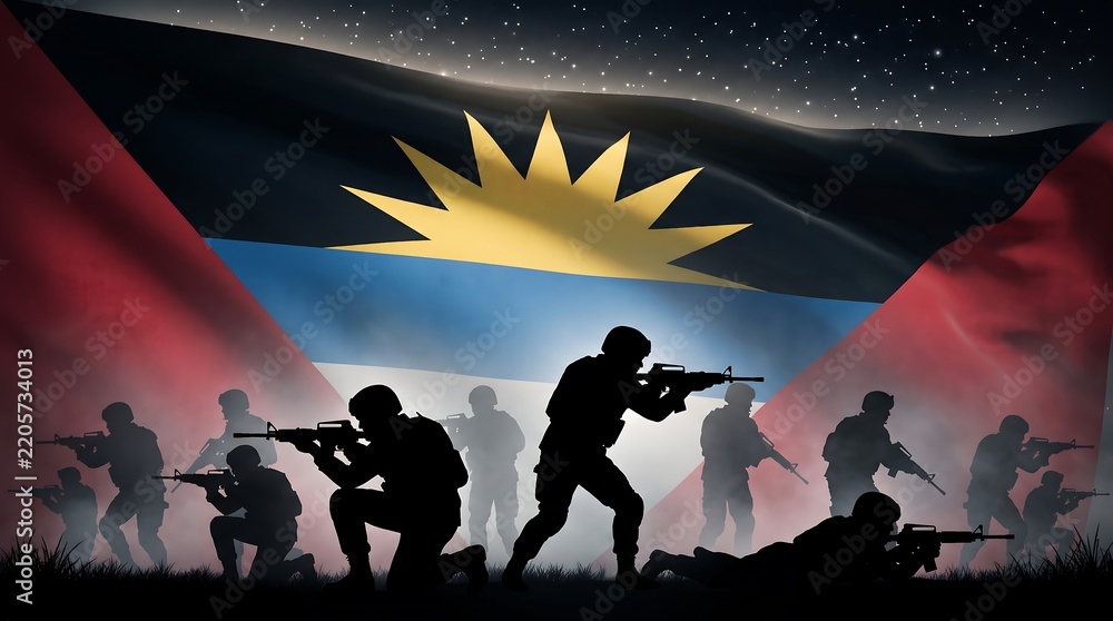 Obraz premium Military soldier silhouettes with rifles against Antigua and Barbuda flag under starry night sky background