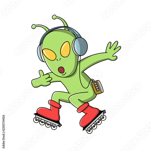 Cute green alien cartoon character roller skating while listening to music with headphones vector illustration