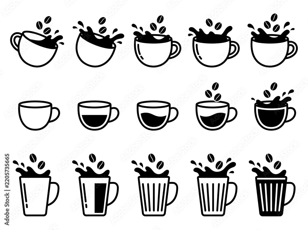 Obraz premium Coffee Cup Icons Set with Liquid Splashes and Coffee Beans, Minimalist Black and White Vector Illustration for Cafe Branding, Menu Design, and Morning Coffee Concepts