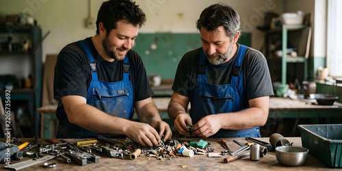 Two fictional adult community repair volunteers checking the practical result after sorting separate repairable objects by material and task for community repair events and circular economy; repair