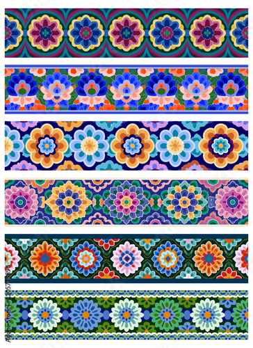 Korean traditional dancheong and floral decorative border patterns with vibrant oriental ornaments and colorful flower motifs   