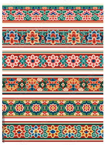 Korean traditional dancheong and floral decorative border patterns with vibrant oriental ornaments and colorful flower motifs   