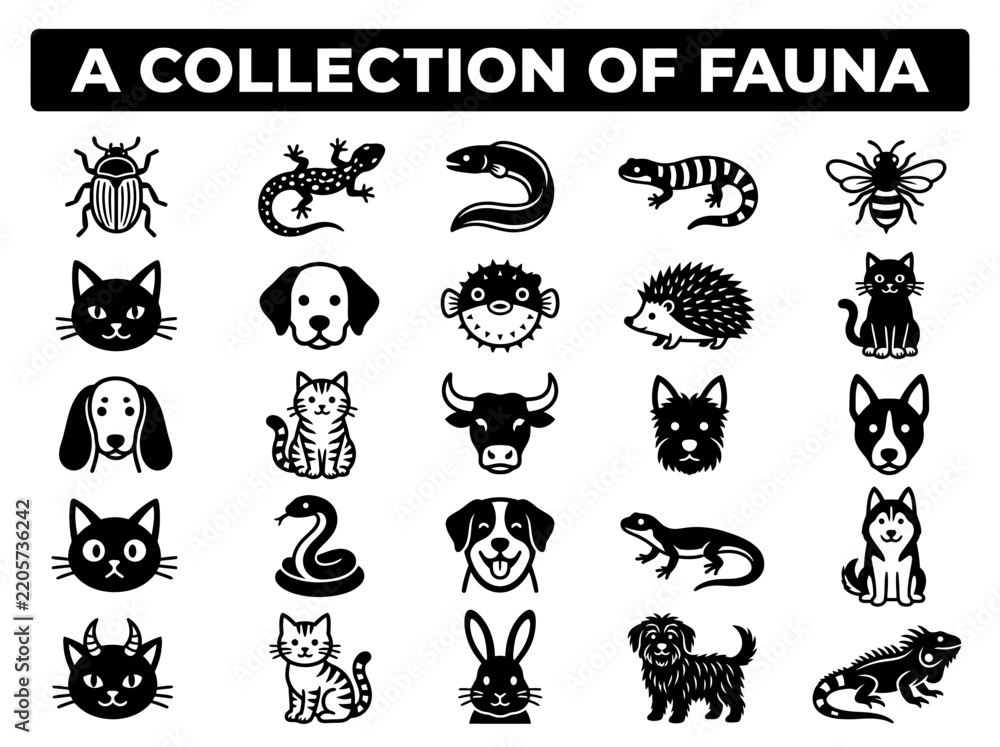 Obraz premium Collection of Fauna: 25 Minimalist Black Animal Icons and Symbols Featuring Pets, Wildlife, and Reptiles