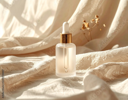 Facial serum bottle on soft linen fabric in a warm beige setting