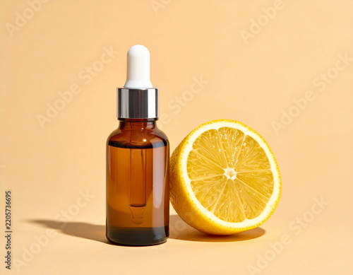 Minimal serum bottle with fresh lemon slice on pale yellow backgroun