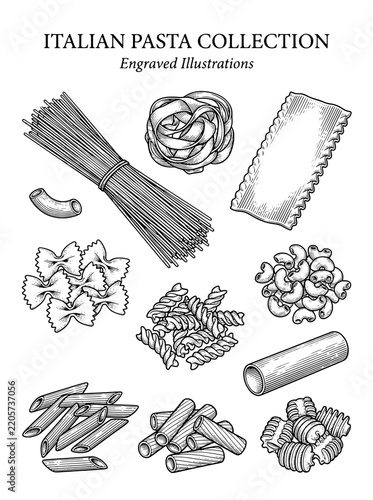 Engraved illustrations of various types of Italian pasta showing traditional designs and detailed line art