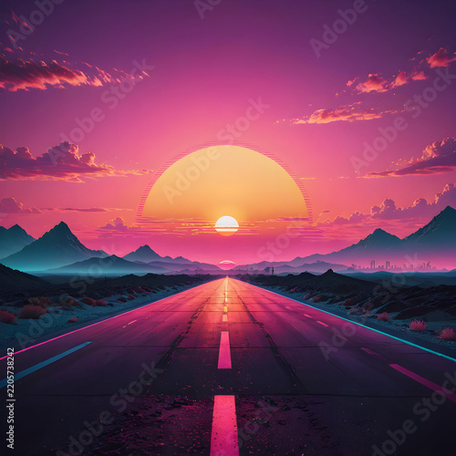 A glowing sunset illuminates a lonely highway stretching toward distant purple mountains under a pink sky.