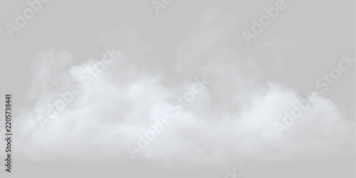 Realistic white fog and mist isolated on transparent background. Atmospheric smoke cloud overlay effect for design