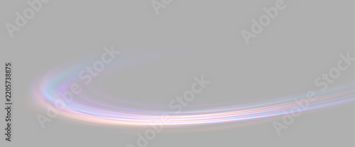 Holographic iridescent light wave with curved neon motion streak. Glowing pastel rainbow arc isolated on transparent background