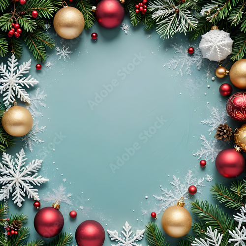 Christmas ornaments create a festive wreath against a pale blue background.