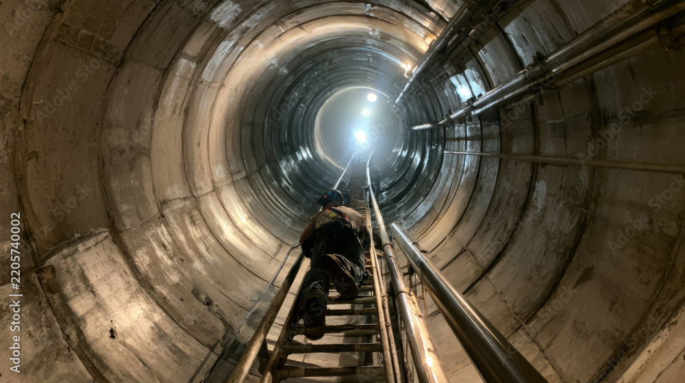 Fototapeta premium Engineer ascending industrial tunnel staircase with copy space for technical documentation