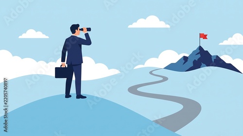 Businessman using binoculars to view a distant flag on a mountain peak vector illustration