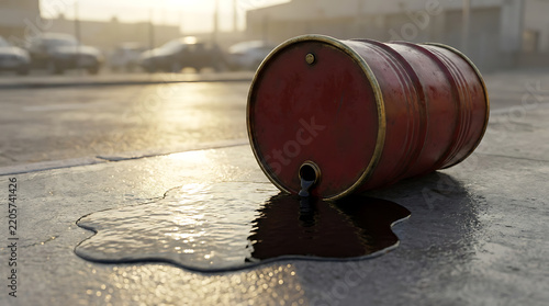 Crude oil leaking from a fallen red metal barrel drum onto concrete ground