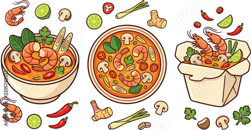 Hand Drawn Thai Tom Yum Soup Collection with Shrimp, Mushrooms, Lime, Chili, Lemongrass, Ginger, Herbs, and Spicy Broth