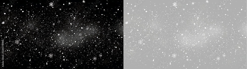 Obraz premium Falling snow overlay on black and transparent background. Realistic winter snowfall blizzard effect. Festive Christmas backdrop