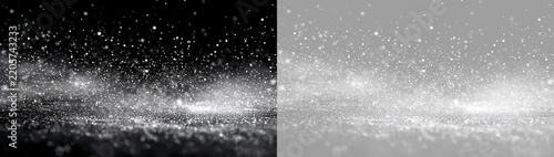White sparkling glitter particles explosion on transparent and black background. Silver bokeh dust overlay effect for celebration banner