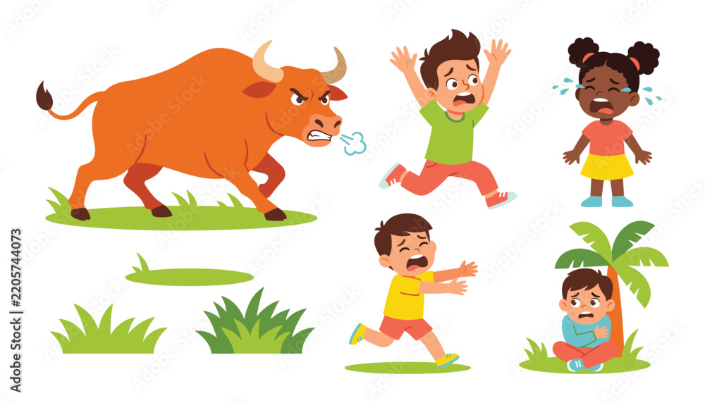 Obraz premium Angry aggressive bull chasing scared cartoon children running away and crying in fear for ranch safety education