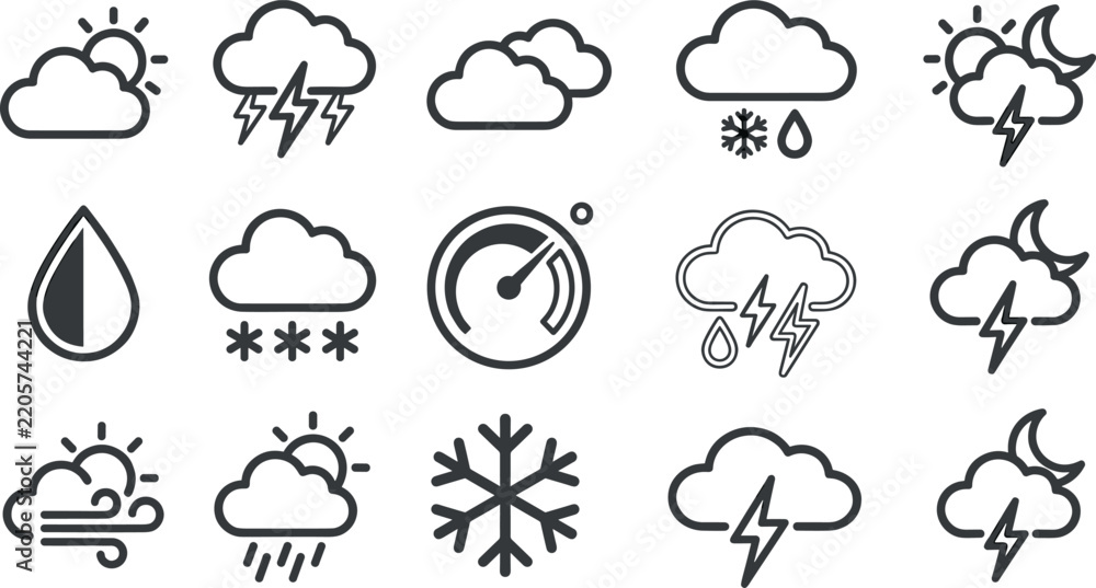 Obraz premium Meteorological weather conditions line icon set featuring sun cloud rain storm snow and gauge symbols