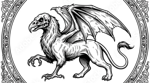 Gothic Mythical Griffin Creature with Skeletal Skull Head and Dragon Wings in Ornate Vintage Frame