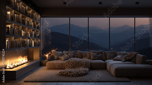 Cozy Mountain Library Living Room at Night