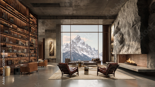 Luxury Mountain Library Living Room Interior