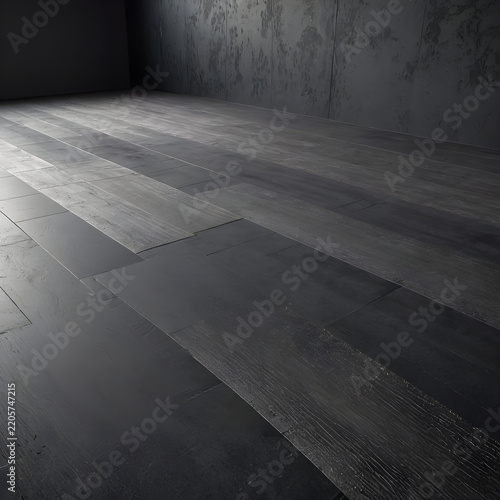 Minimalist wooden floor with dark grey planks and subtle matte finish reflecting dim overhead lighting.