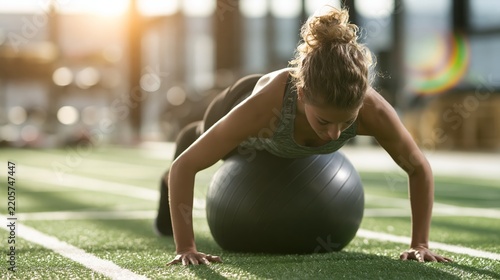 Young woman training core strength using stability ball on artificial turf, focusing on balance and fitness