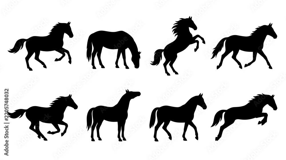 Fototapeta premium Horse Silhouettes Set - Black Vector Animal Icons