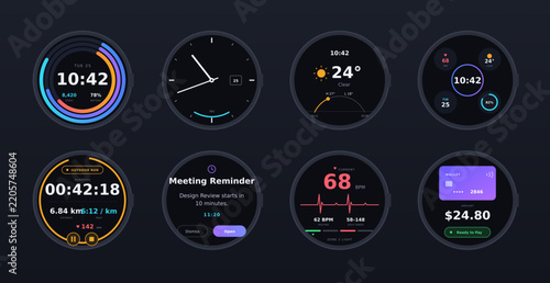Smartwatch interface widgets, modern dark ui components for round wearable screens, fitness tracker ui kit vector set