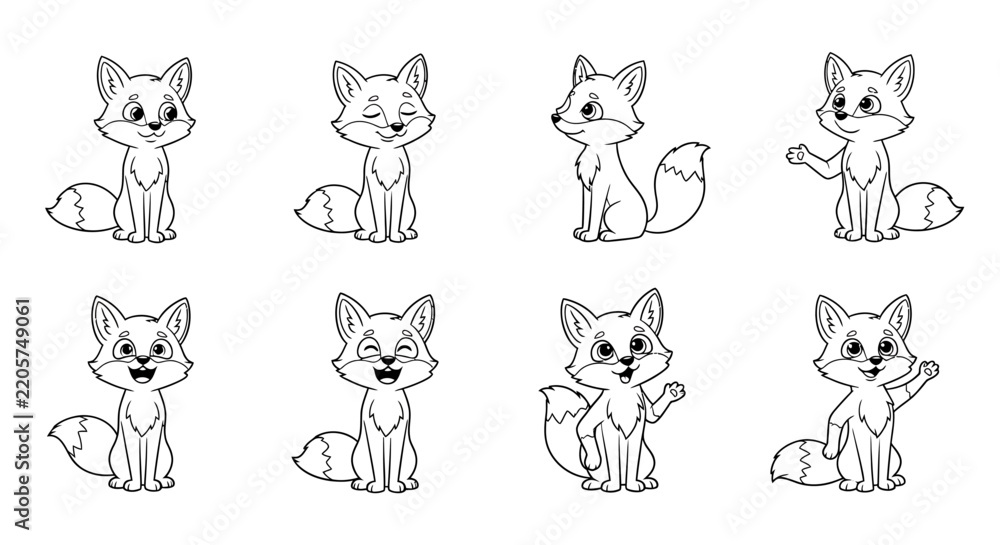 Fototapeta premium Cartoon foxes in cheerful poses with waving gesture for greeting card design