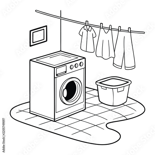 Laundry room vector illustration black outline on transparent background -Coloring book page