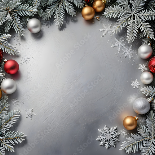 Christmas background frame displays festive ornaments, pine branches, and white snowflakes.