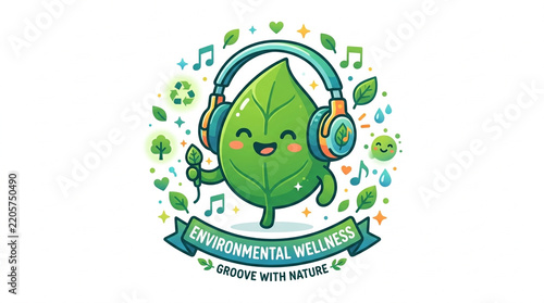 Cute green leaf character wearing headphones listening to music vector badge for environmental wellness and groove with nature concept