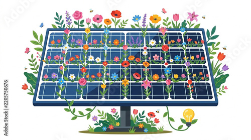 Solar Panel System Integrated With Vibrant Wildflowers and Glowing Light Bulb for Sustainable Renewable Energy and Eco Friendly Power Concept