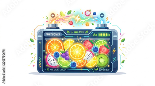 Concept of clean organic energy showing a futuristic battery filled with fresh tropical fruits like oranges kiwis and strawberries